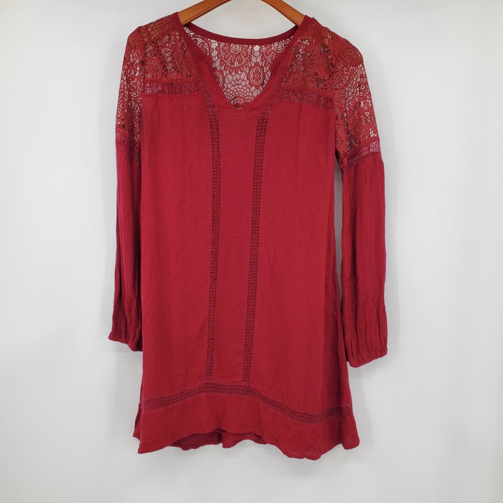 Abercrombie & Fitch Red Lace Long Sleeve Boho Mini Dress with Slip M Whimsigoth